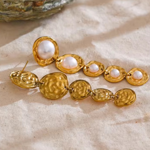 Gold Drop Earrings with Imitation Pearls – Stainless Steel, Real Gold Plated - Picture 9 of 17